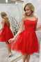 Red Lace Applique Spaghetti Straps Homecoming Dresses, Red Tulle Short Prom Dress, GM421