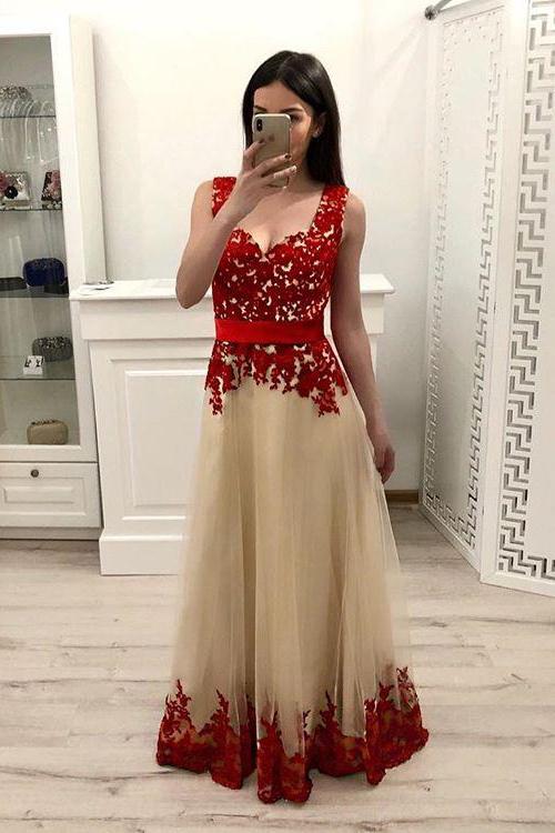a line prom dress with red appliques tulle long formal dress