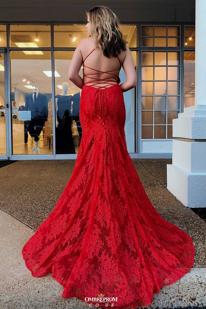 red backless long prom dresses v neck mermaid spaghetti evening dress