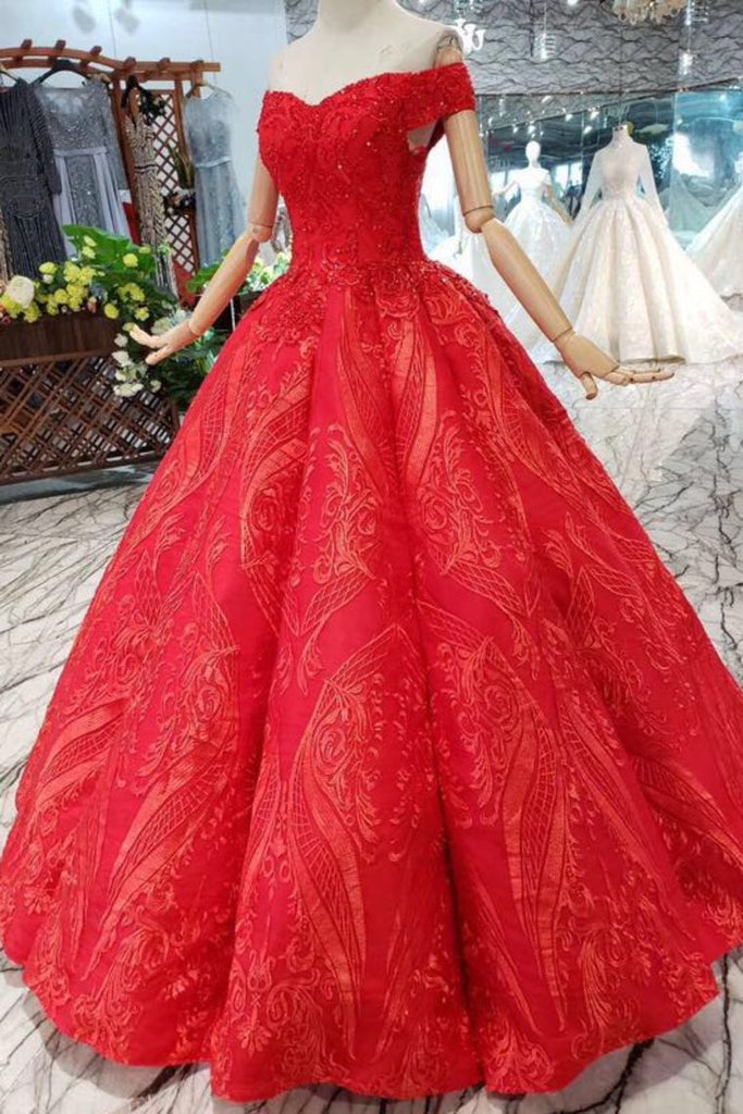 off shoulder red ball gown appliques beads quinceanera dress