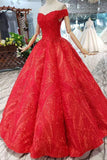 off shoulder red ball gown appliques beads quinceanera dress