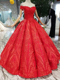 Off-Shoulder Red Ball Gown Appliques Beads Quinceanera Dress GP47