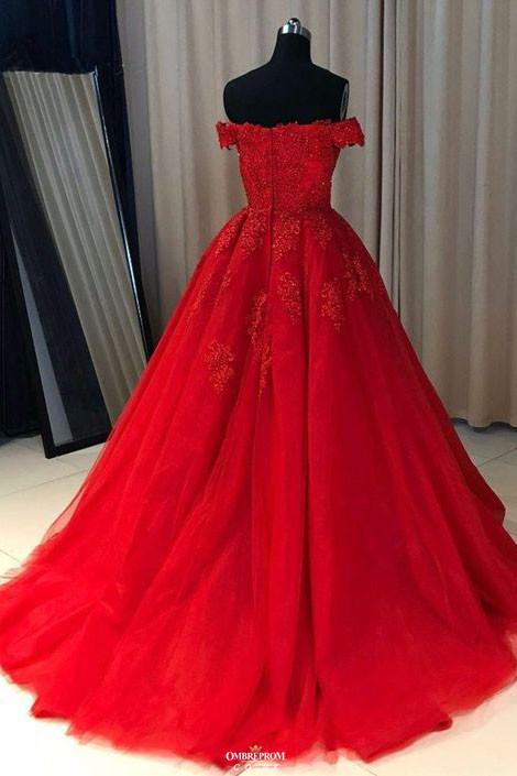 red ball gown tulle off the shoulder lace appliques long prom dresses