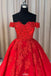 red ball gown tulle off the shoulder lace appliques long prom dresses