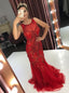 Red Lace Mermaid Beaded Prom Dresses Scoop Illusion Party Dress MP821