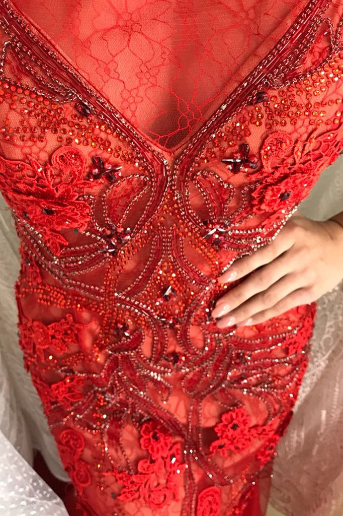 red lace mermaid beaded prom dresses scoop illusion party dress