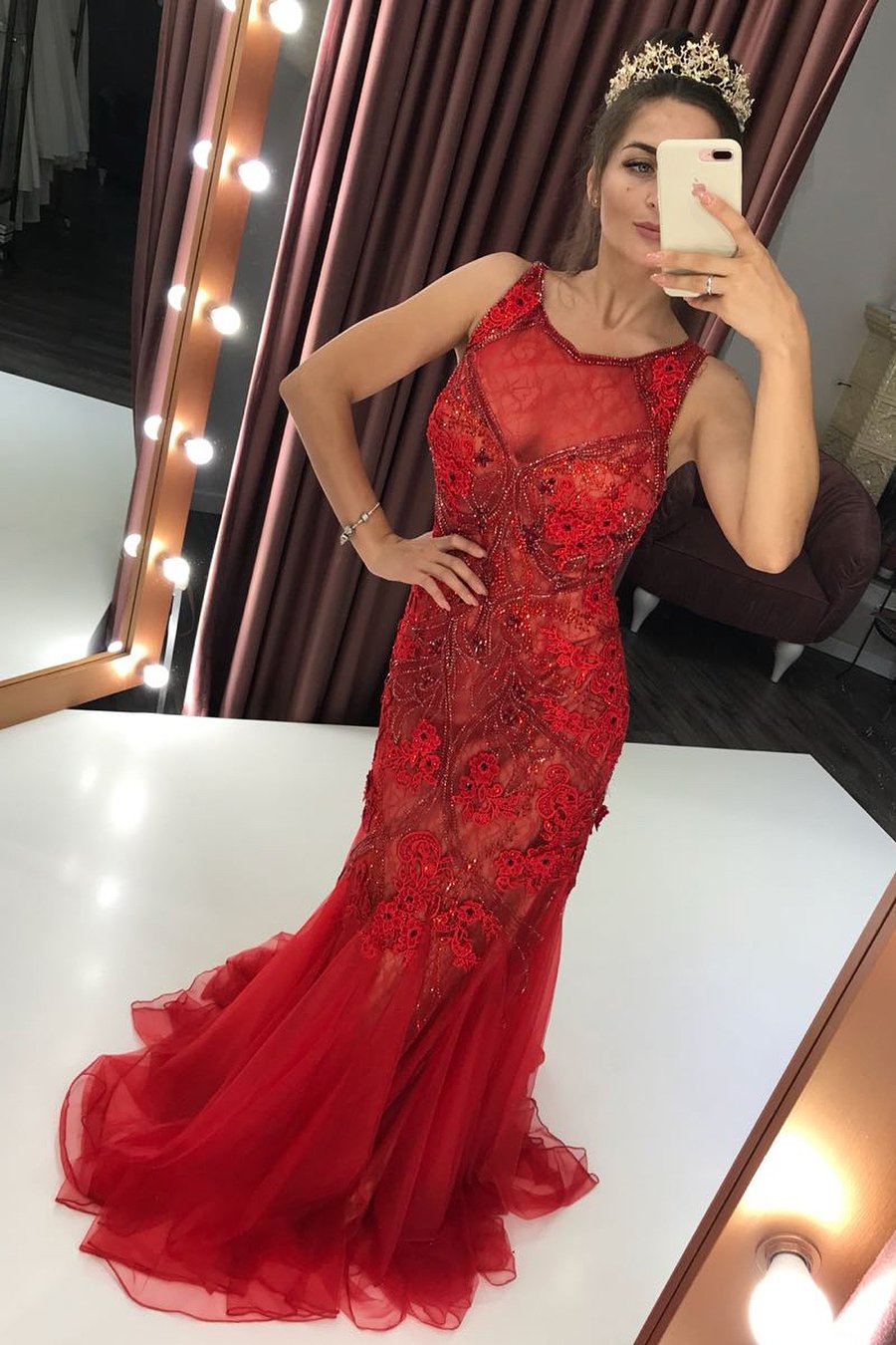 red lace mermaid beaded prom dresses scoop illusion party dress mp821