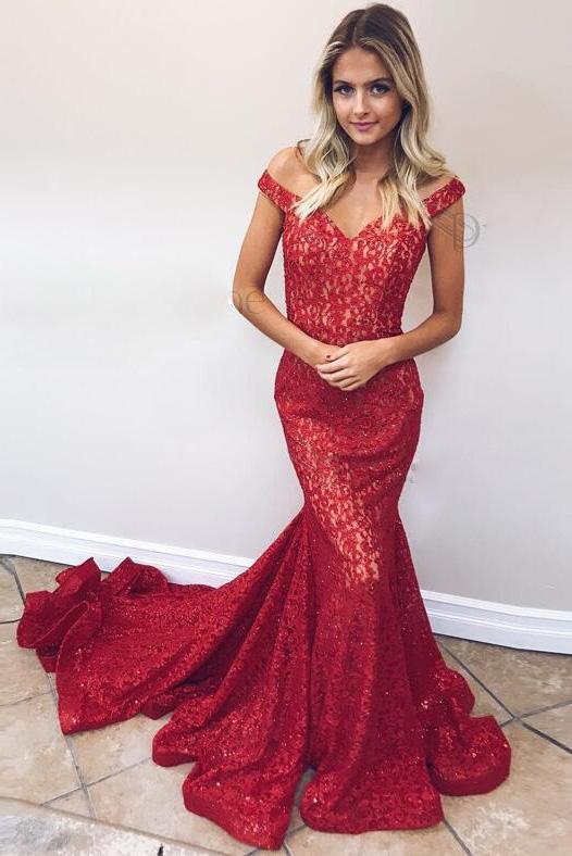 red lace mermaid prom dress off the shoulder formal evening gown mp854