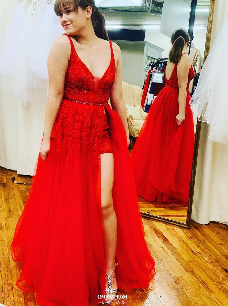 red long prom dress v neck backless party gown with slit