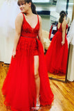 red long prom dress v neck backless party gown with slit