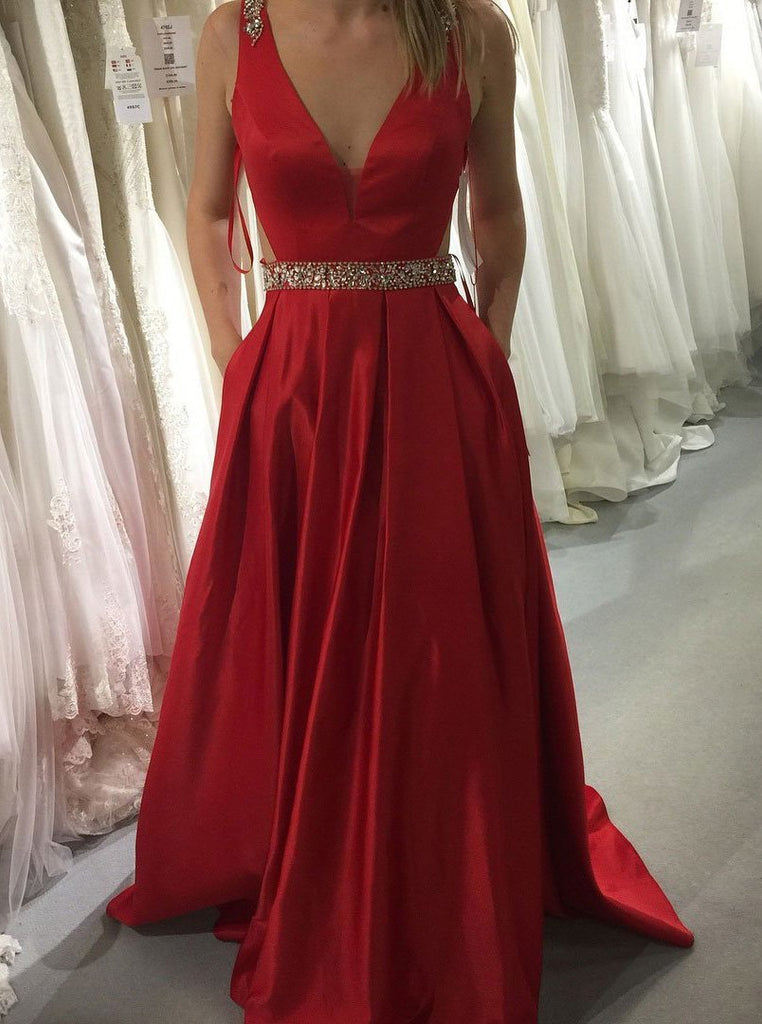 red prom dresses a line v neck satin with beading formal gown