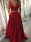 Red Prom Dresses A-line V-Neck Satin With Beading Formal Gown GP18