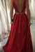 red prom dresses a line v neck satin with beading formal gown