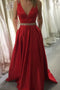 Red Satin Prom Dress A-line V-Neck Satin Evening Gown With Pockets MP1160