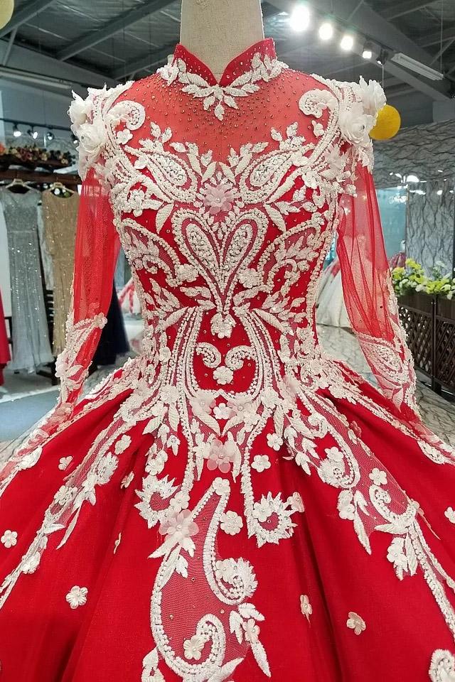 red quinceanera dress long sleeves applique prom dress ball gown