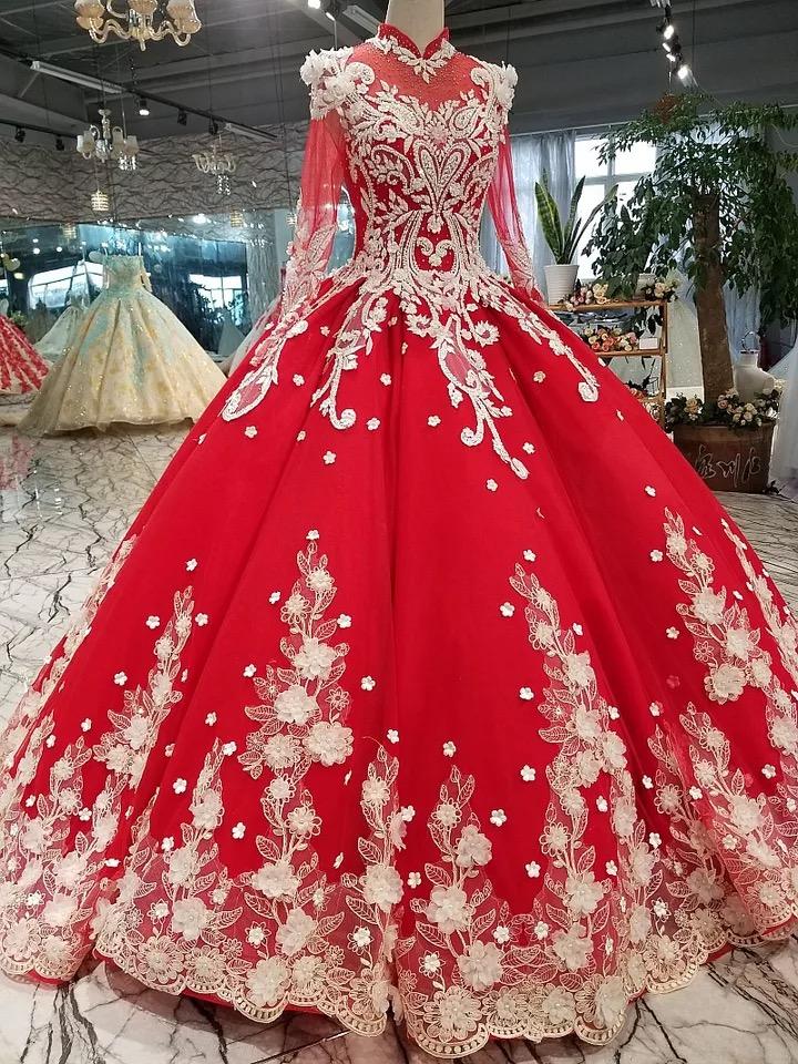 red quinceanera dress long sleeves applique prom dress ball gown