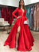 red satin formal dress long sleeve plunging v neck with slit