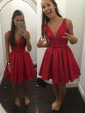 red homecoming dress satin v neck straps short prom dress