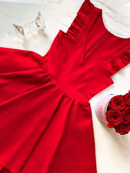 a line v neck pleated satin red short homecoming party dress