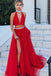 high neck beading red prom dress two piece long evening dress with slit