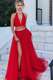 High Neck Beading Red Prom Dress, Two Piece Long Evening Dress With Slit MP1169
