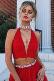 high neck beading red prom dress two piece long evening dress with slit