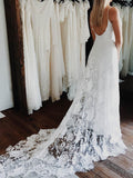 spaghetti straps cross back backless beach lace wedding dress