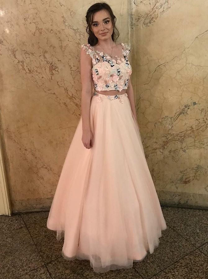 round neck tulle floral two piece prom dress with appliques