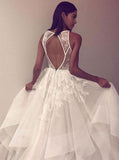 round neck tulle lace long prom dress open back wedding dress pw273