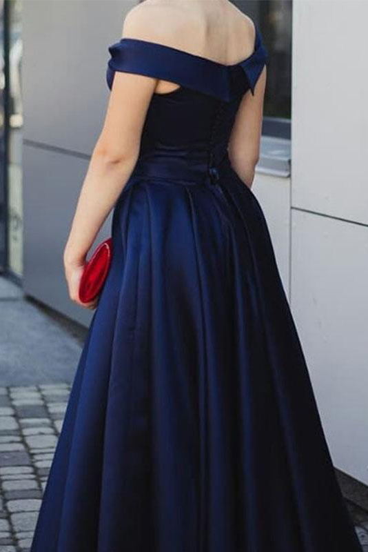 royal blue elegant off shoulder prom dress simple satin evening dress
