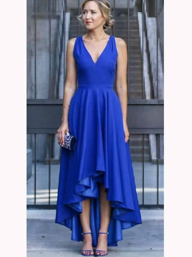 a line v neck royal blue high low prom dress asymmetry party dress