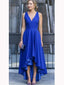 A-line V-neck Royal Blue High Low Prom Dress, Asymmetry Party Dress MP1057