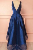 royal blue high low prom dress deep v neck with lace hem
