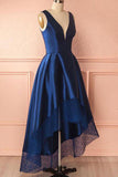 royal blue high low prom dress deep v neck with lace hem