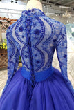 royal blue long sleeves quinceanera gown tulle lace applique beads prom dress