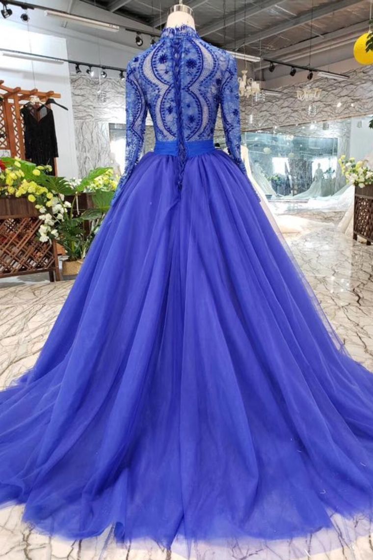 royal blue long sleeves quinceanera gown tulle lace applique beads prom dress