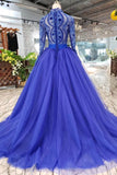 royal blue long sleeves quinceanera gown tulle lace applique beads prom dress