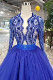 royal blue long sleeves quinceanera gown tulle lace applique beads prom dress