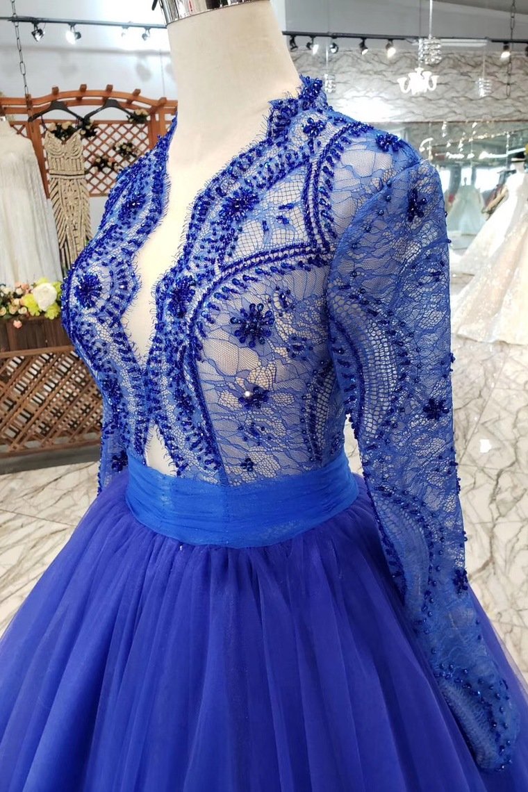 royal blue long sleeves quinceanera gown tulle lace applique beads prom dress