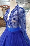 royal blue long sleeves quinceanera gown tulle lace applique beads prom dress