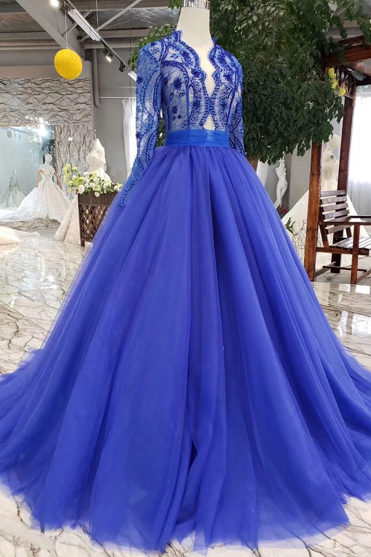 royal blue long sleeves quinceanera gown tulle lace applique beads prom dress