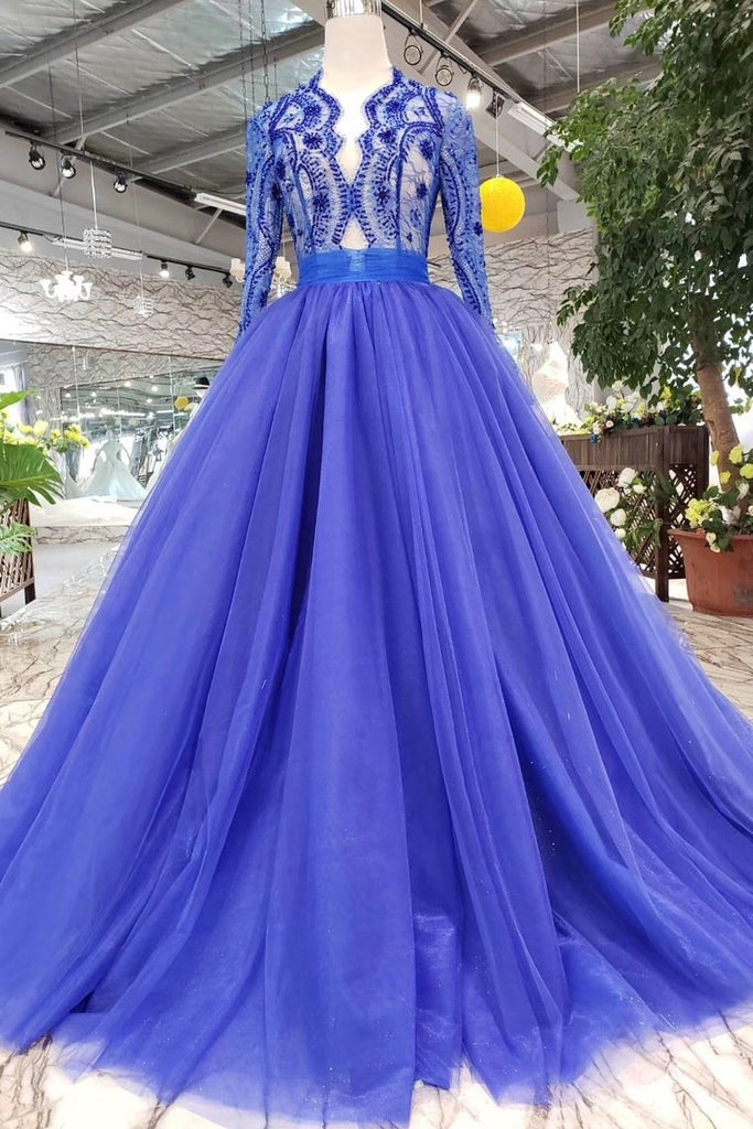 royal blue long sleeves quinceanera gown tulle lace applique beads prom dress