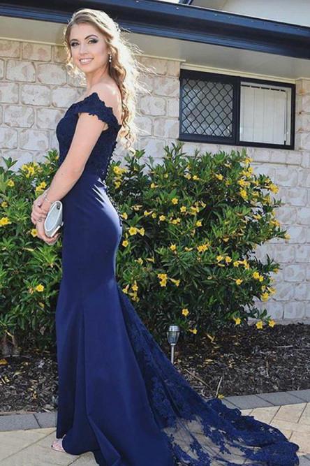 royal blue mermaid prom dress off the shoulder with lace appliques