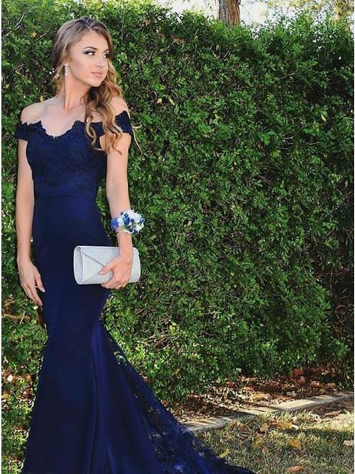 royal blue mermaid prom dress off the shoulder with lace appliques