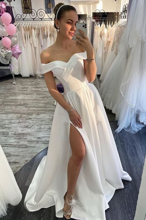 off the shoulder long wedding dress with split simple wedding gown