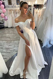 Off the shoulder Long Wedding Dress with Split, Simple Wedding Gown PW470