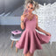 chic short pink homecoming dress a line v neck pink satin party dress