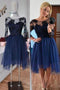Lace 3/4 Sleeves Navy Tulle Homecoming Dresses with Appliques, GM411
