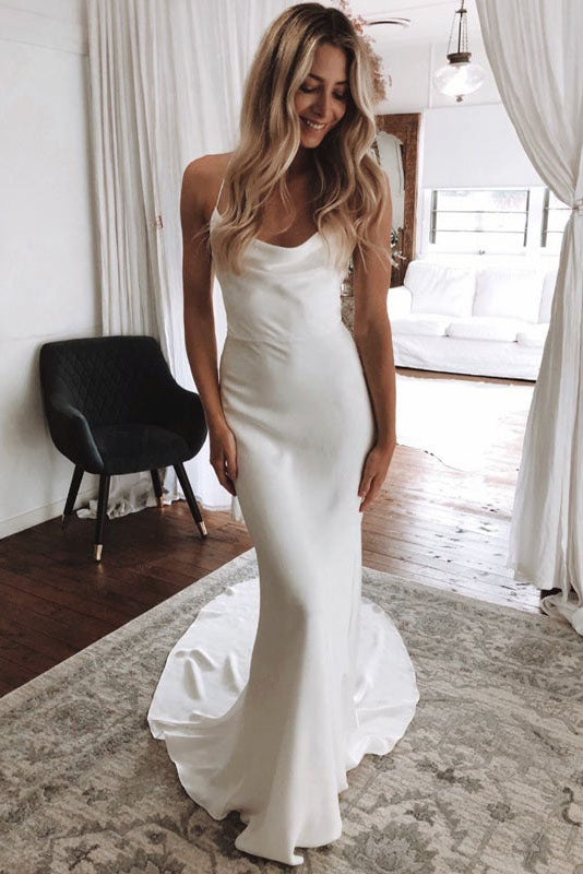 simple spaghetti straps satin mermaid beach wedding dress backless bridal gown