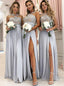 Satin Grey Long Bridesmaid Dresses High Neck Lace Appliques With Slit PB158